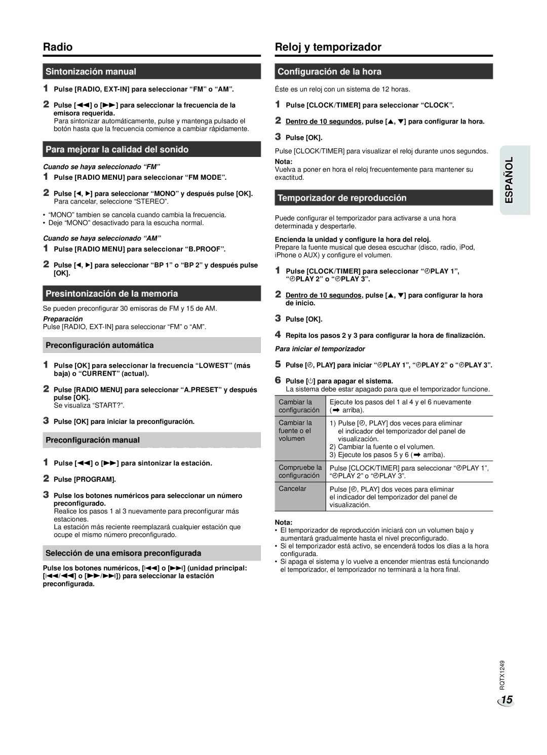 Panasonic SC-HC25 owner manual Reloj y temporizador 