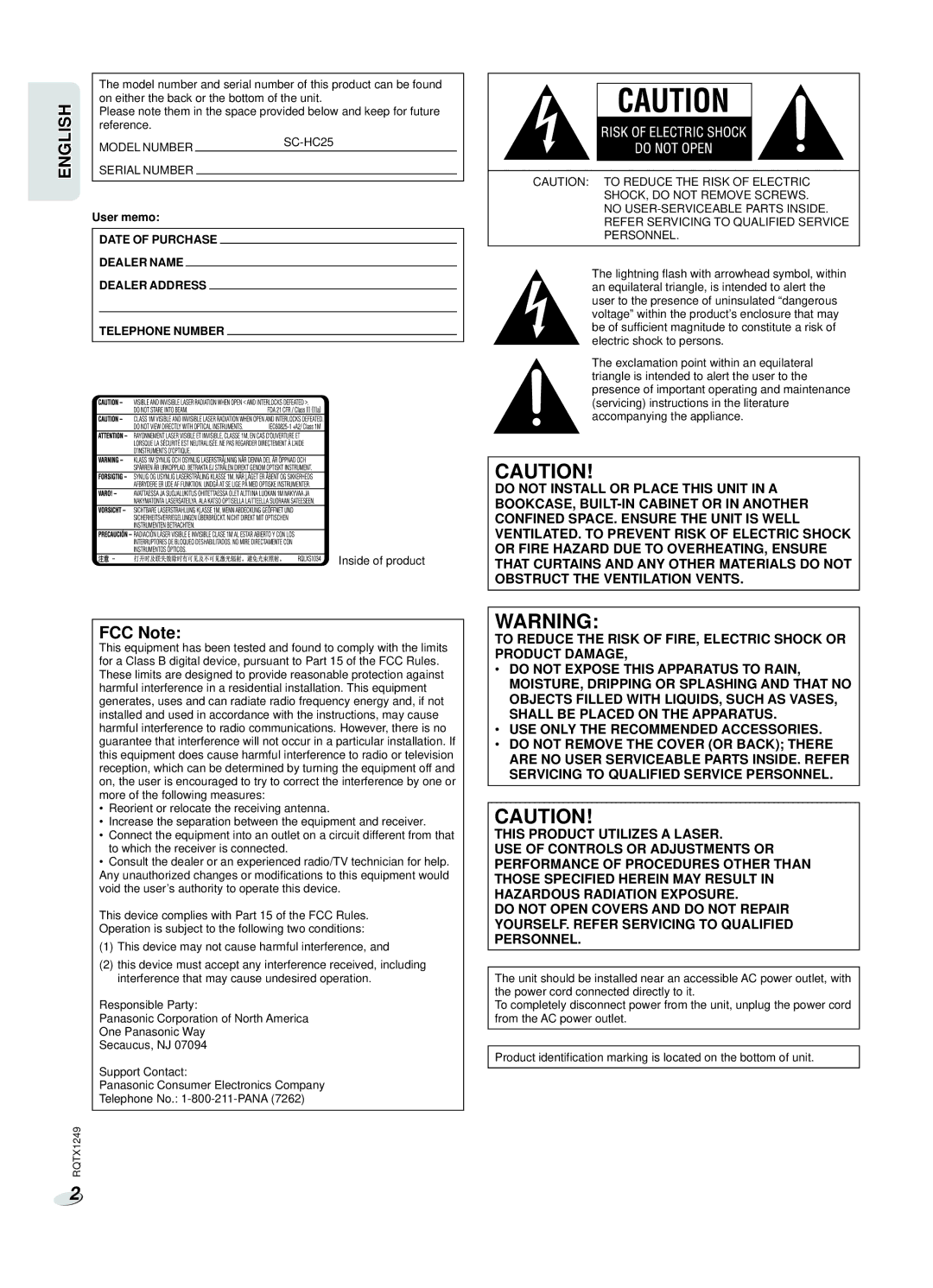 Panasonic SC-HC25 owner manual English, User memo 