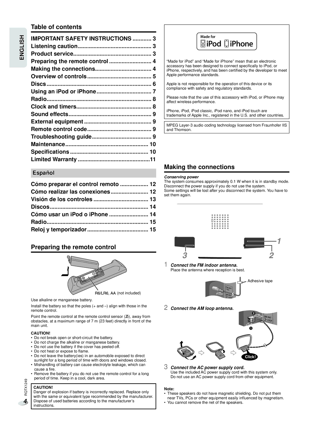 Panasonic SC-HC25 owner manual Table of contents, Making the connections, Preparing the remote control 