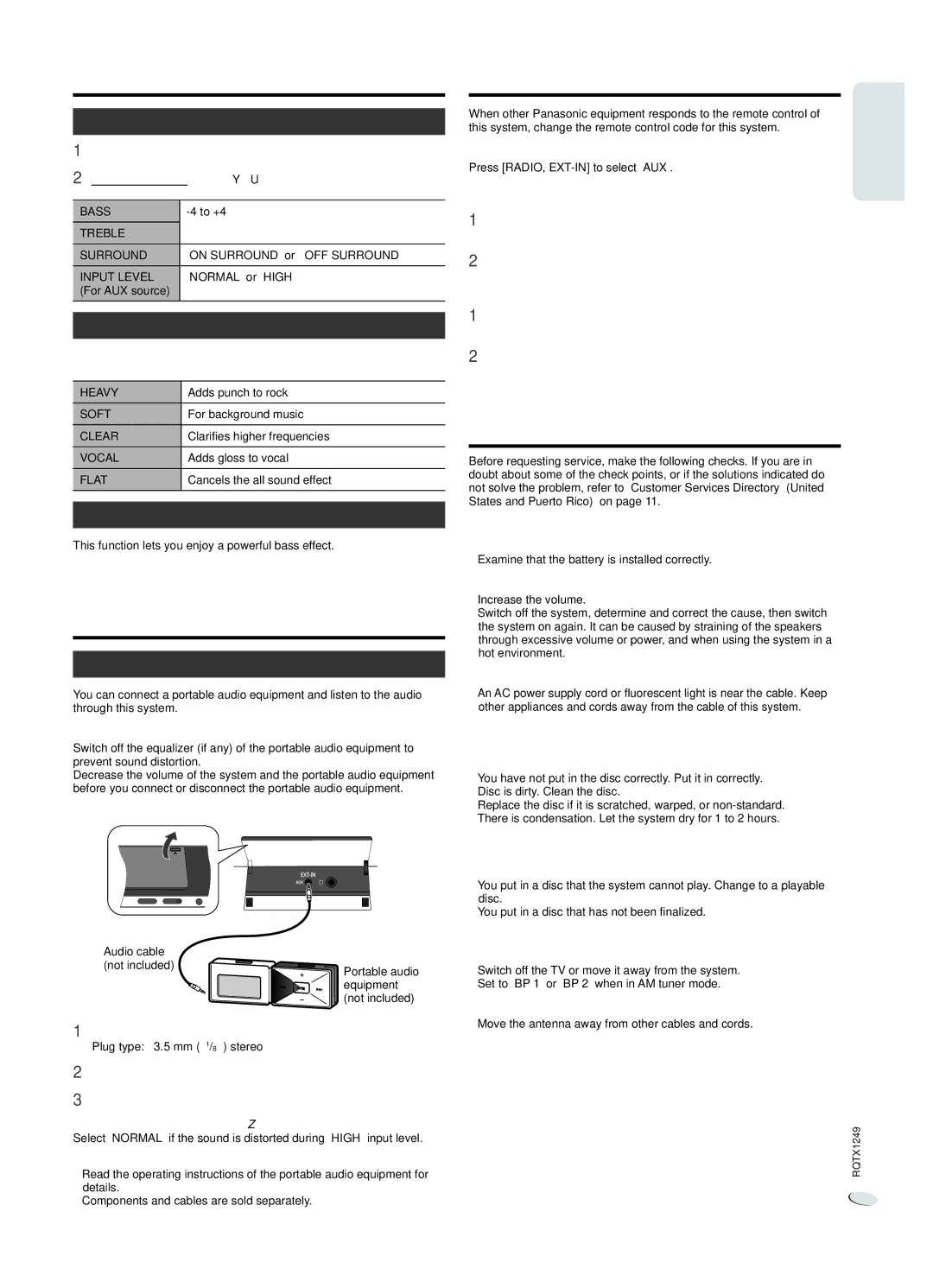 Panasonic SC-HC25 owner manual Sound effects, External equipment, Remote control code, Troubleshooting guide 