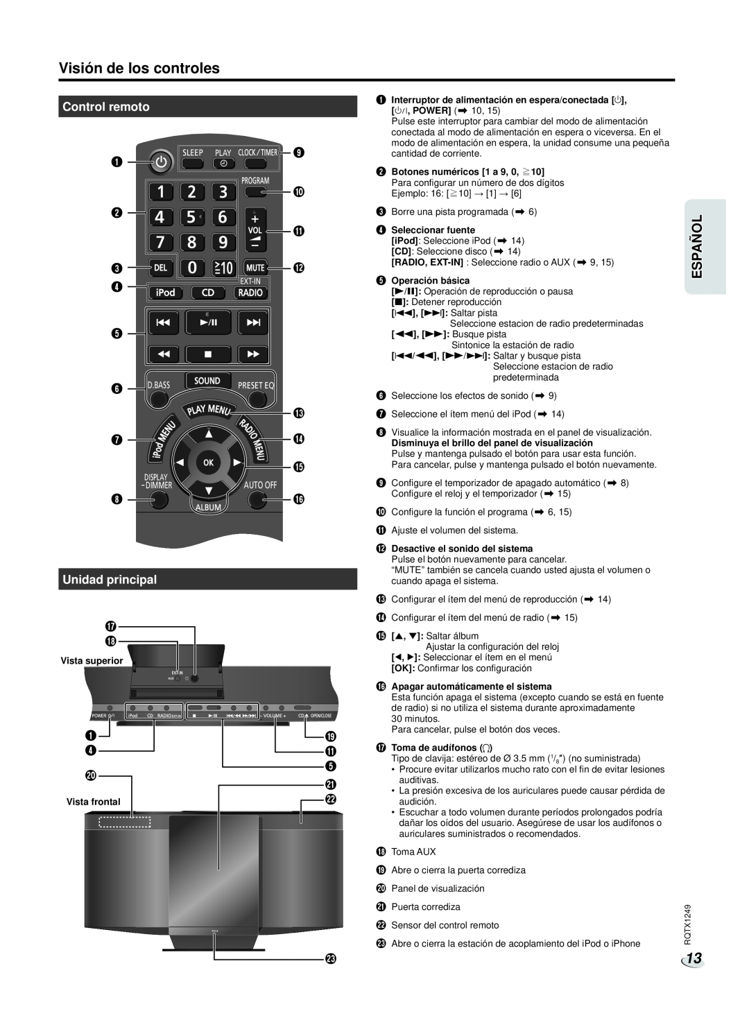 Panasonic SC-HC25 owner manual Visión de los controles, Español, Control remoto, Unidad principal 