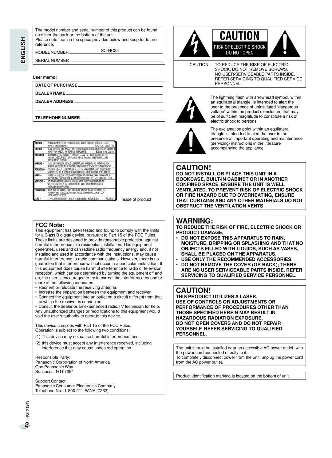 Panasonic SC-HC25 owner manual English, FCC Note 