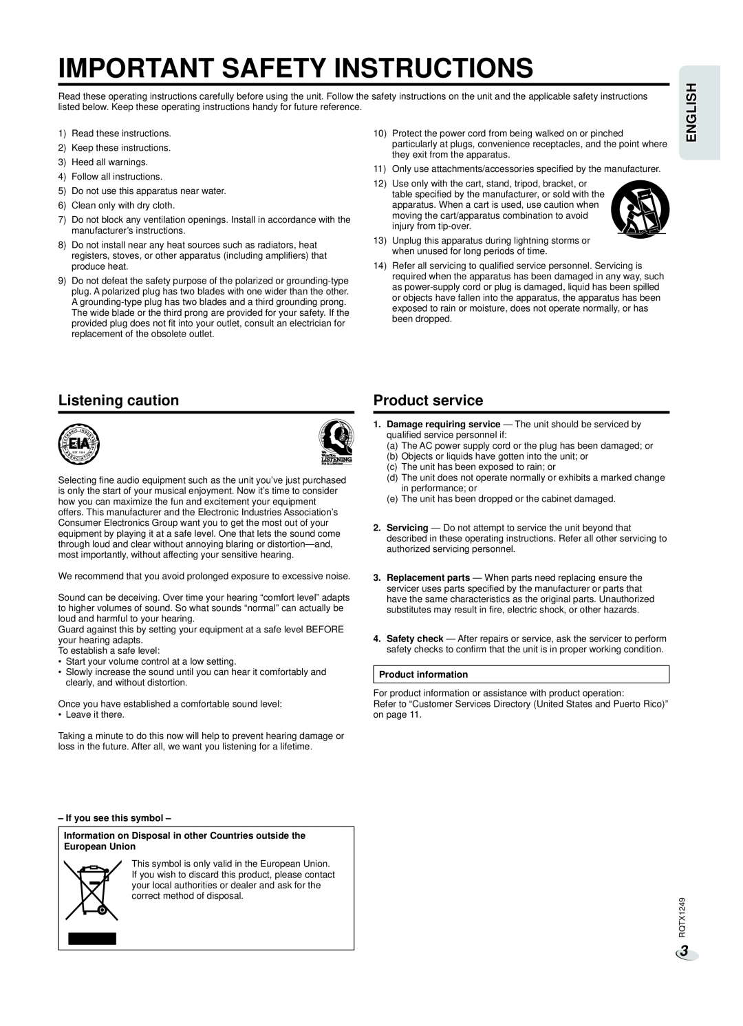 Panasonic SC-HC25 owner manual Listening caution, Product service, Important Safety Instructions, English 