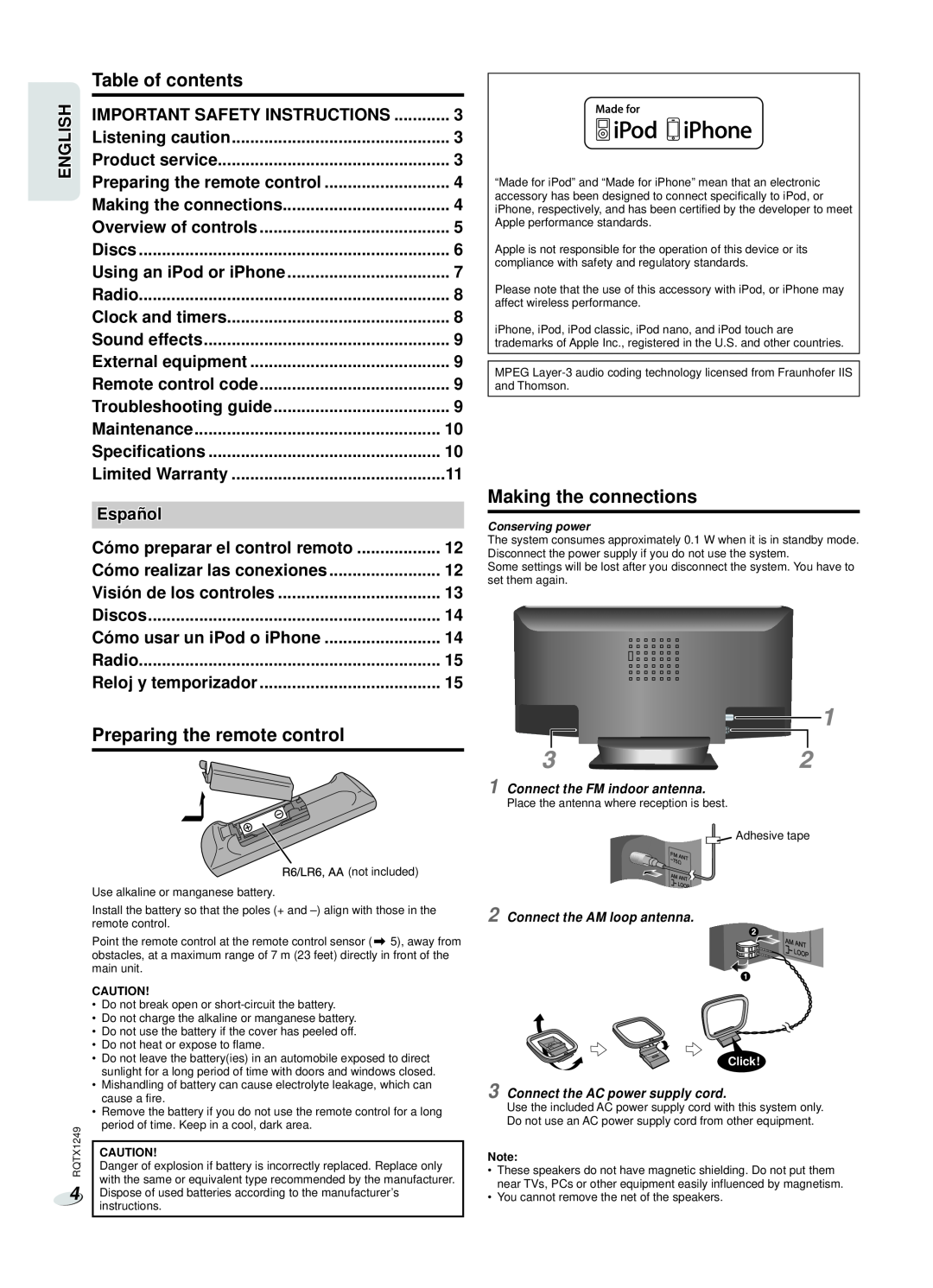 Panasonic SC-HC25 Table of contents, Making the connections, Preparing the remote control, Important Safety Instructions 
