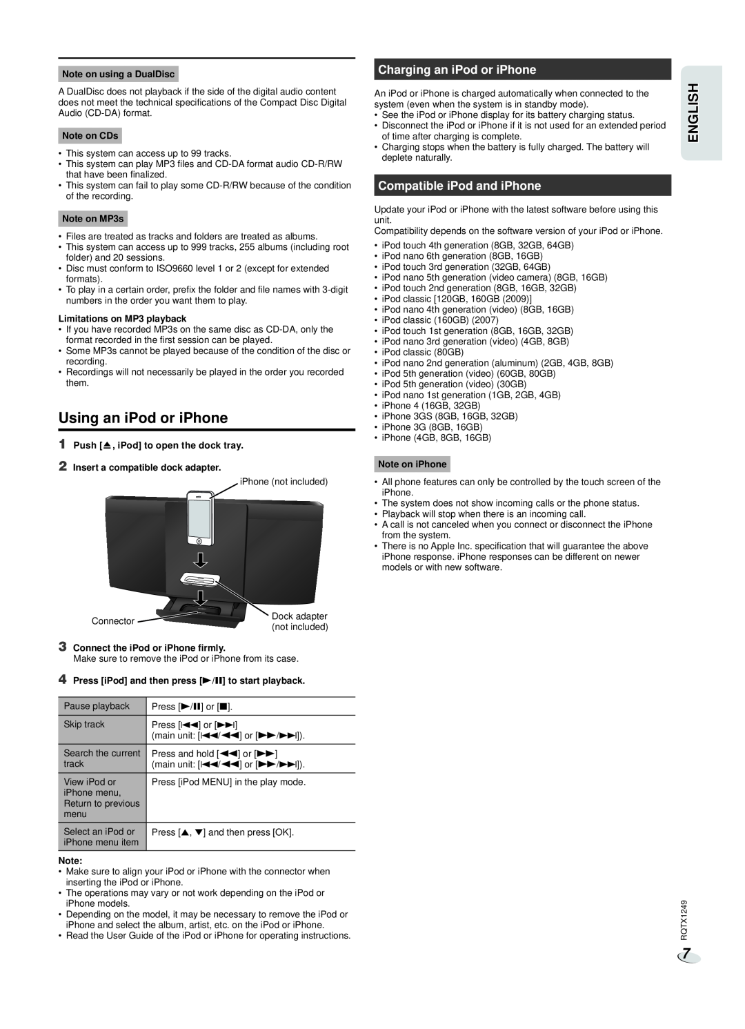 Panasonic SC-HC25 owner manual Using an iPod or iPhone, Charging an iPod or iPhone, Compatible iPod and iPhone, English 