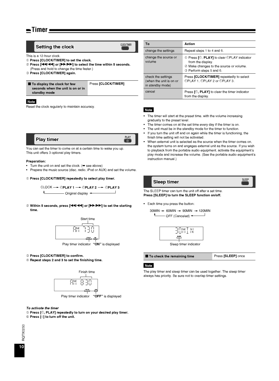 Panasonic SC-HC3 operating instructions Setting the clock, Play timer, Sleep timer 