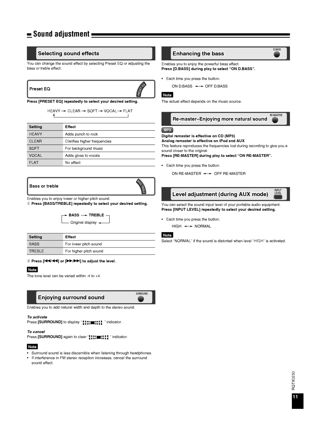 Panasonic SC-HC3 Sound adjustment, Selecting sound effects, Enhancing the bass, Level adjustment during AUX mode 