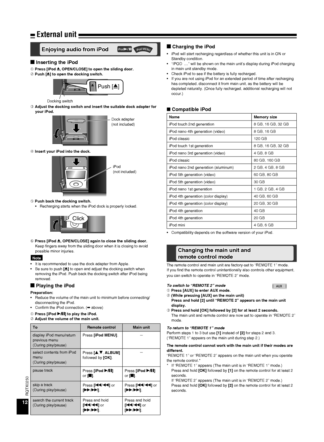 Panasonic SC-HC3 operating instructions Enjoying audio from iPod, Changing the main unit and remote control mode 