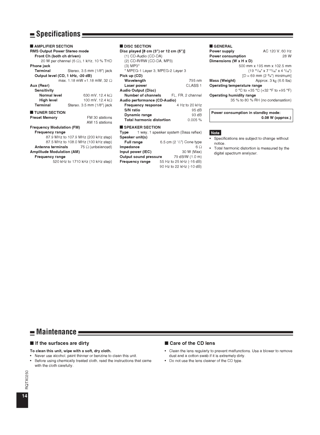 Panasonic SC-HC3 operating instructions Specifications, Maintenance, If the surfaces are dirty, Care of the CD lens 