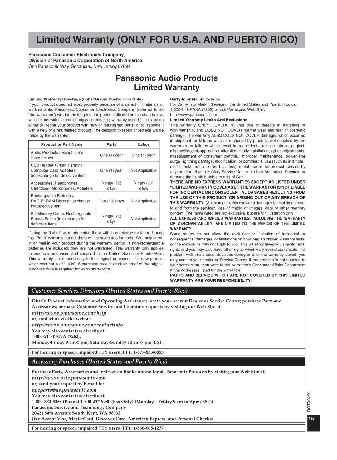 Panasonic SC-HC3 Panasonic Audio Products Limited Warranty, Limited Warranty Coverage For USA and Puerto Rico Only 