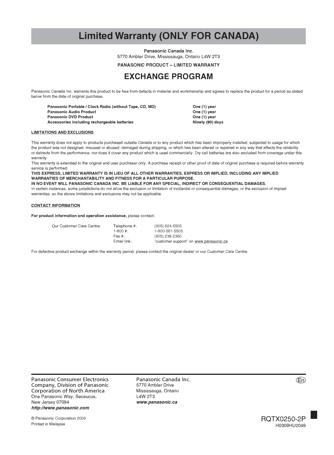 Panasonic SC-HC3 operating instructions Panasonic Canada Inc, Limitations and Exclusions, Contact Information 