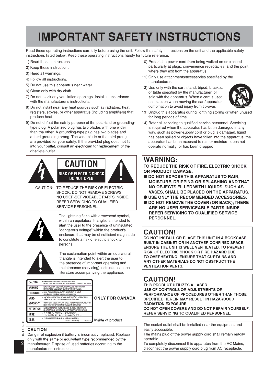 Panasonic SC-HC3 operating instructions Important Safety Instructions 