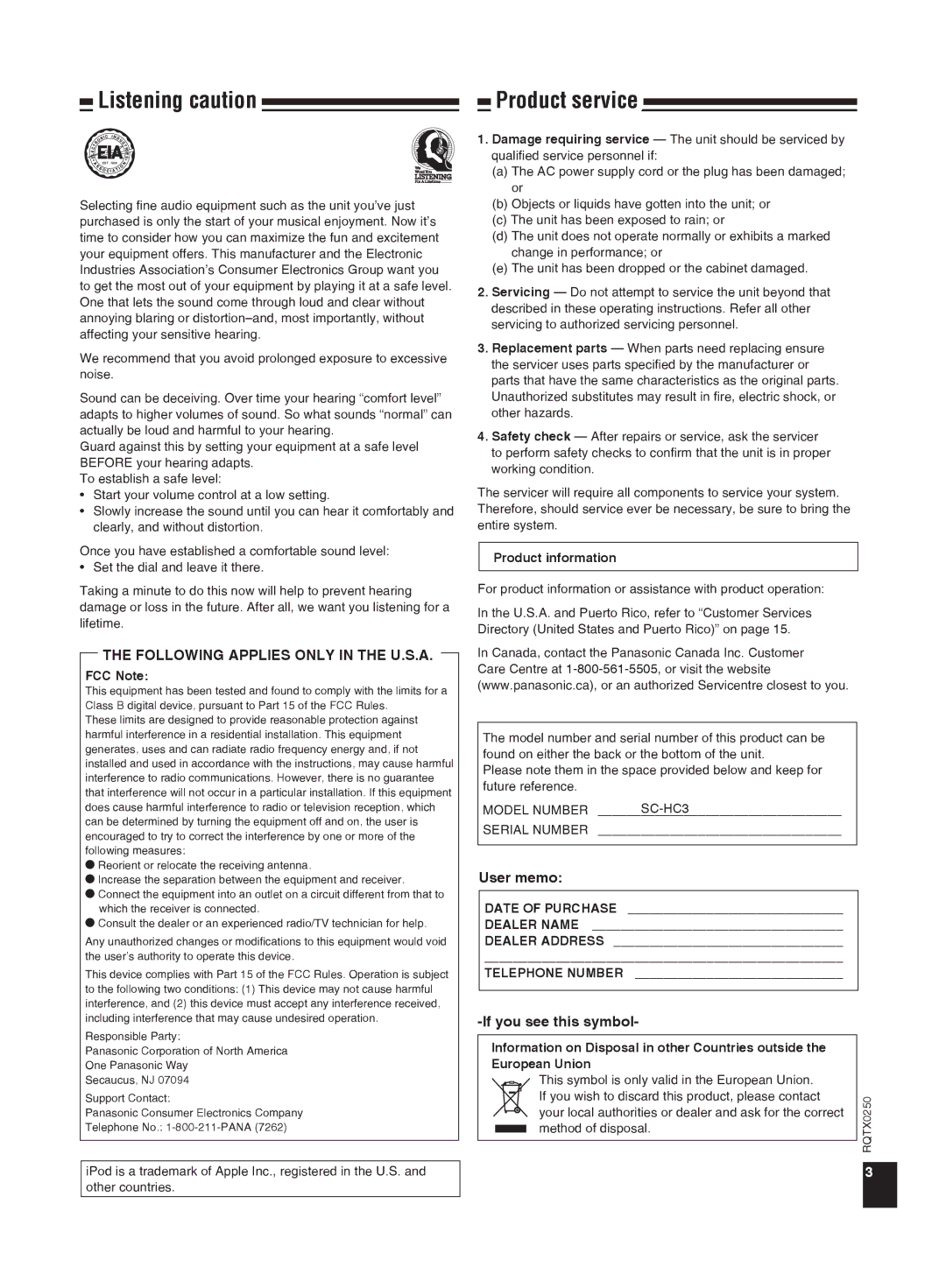 Panasonic SC-HC3 operating instructions Product service, User memo, If you see this symbol, FCC Note, Product information 