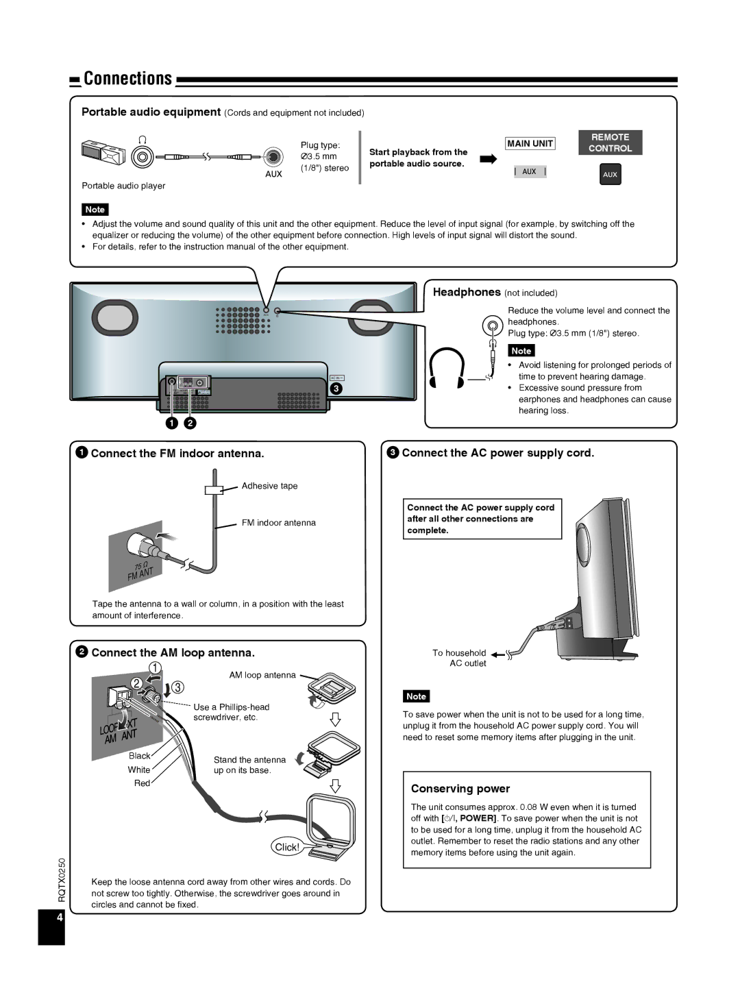 Panasonic SC-HC3 Connections, Connect the FM indoor antenna, Connect the AM loop antenna, Connect the AC power supply cord 