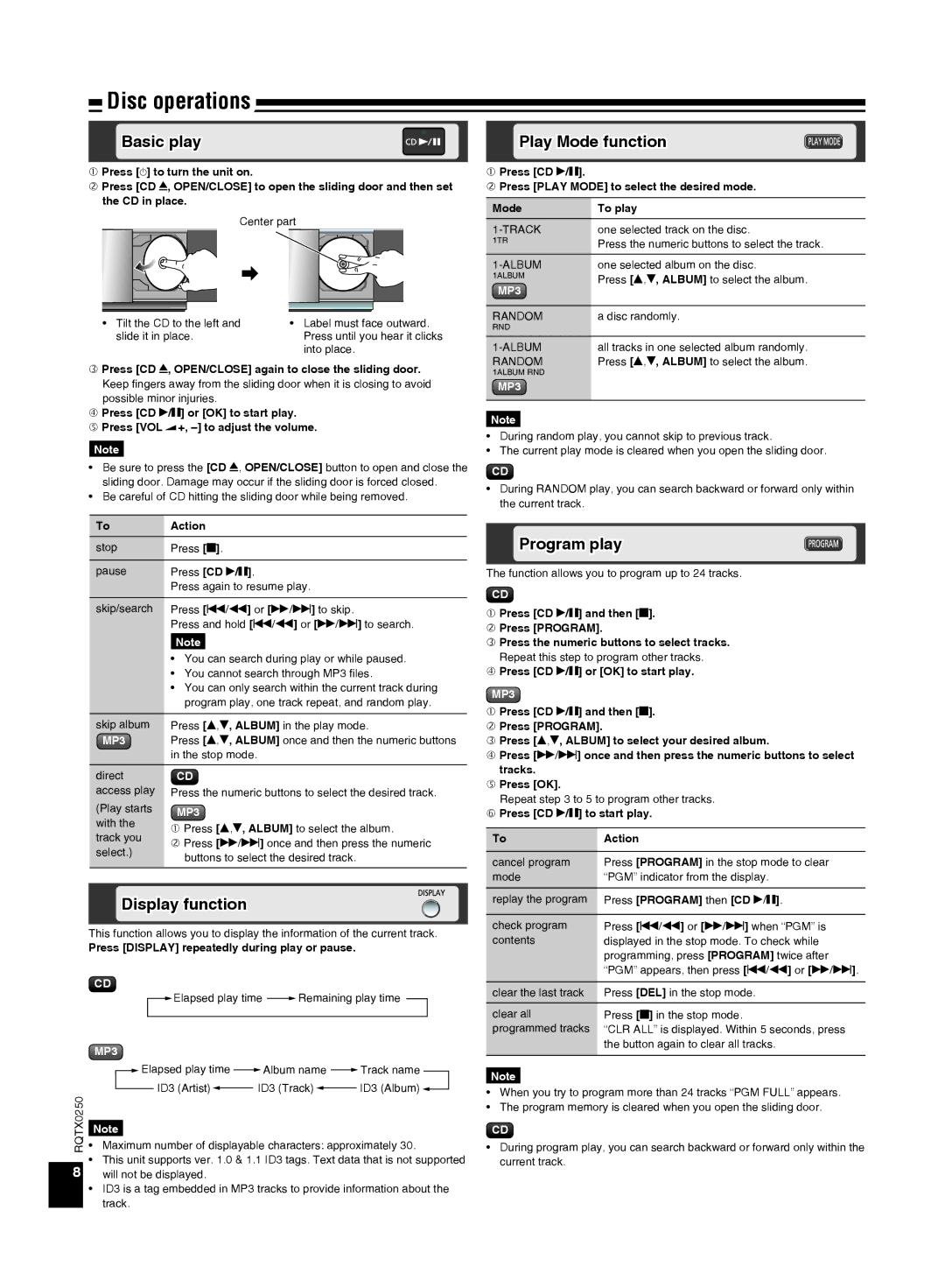 Panasonic SC-HC3 operating instructions Disc operations, Basic play Play Mode function, Display function, Program play 