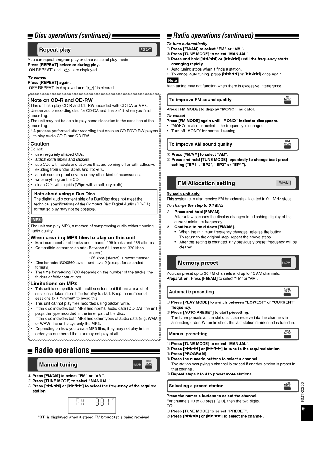 Panasonic SC-HC3 operating instructions Radio operations, Repeat play, Manual tuning, FM Allocation setting, Memory preset 