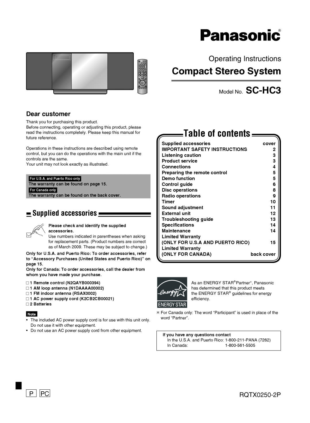 Panasonic operating instructions Supplied accessories, P Pc, RQTX0250-2P, Model No. SC-HC3, Compact Stereo System 