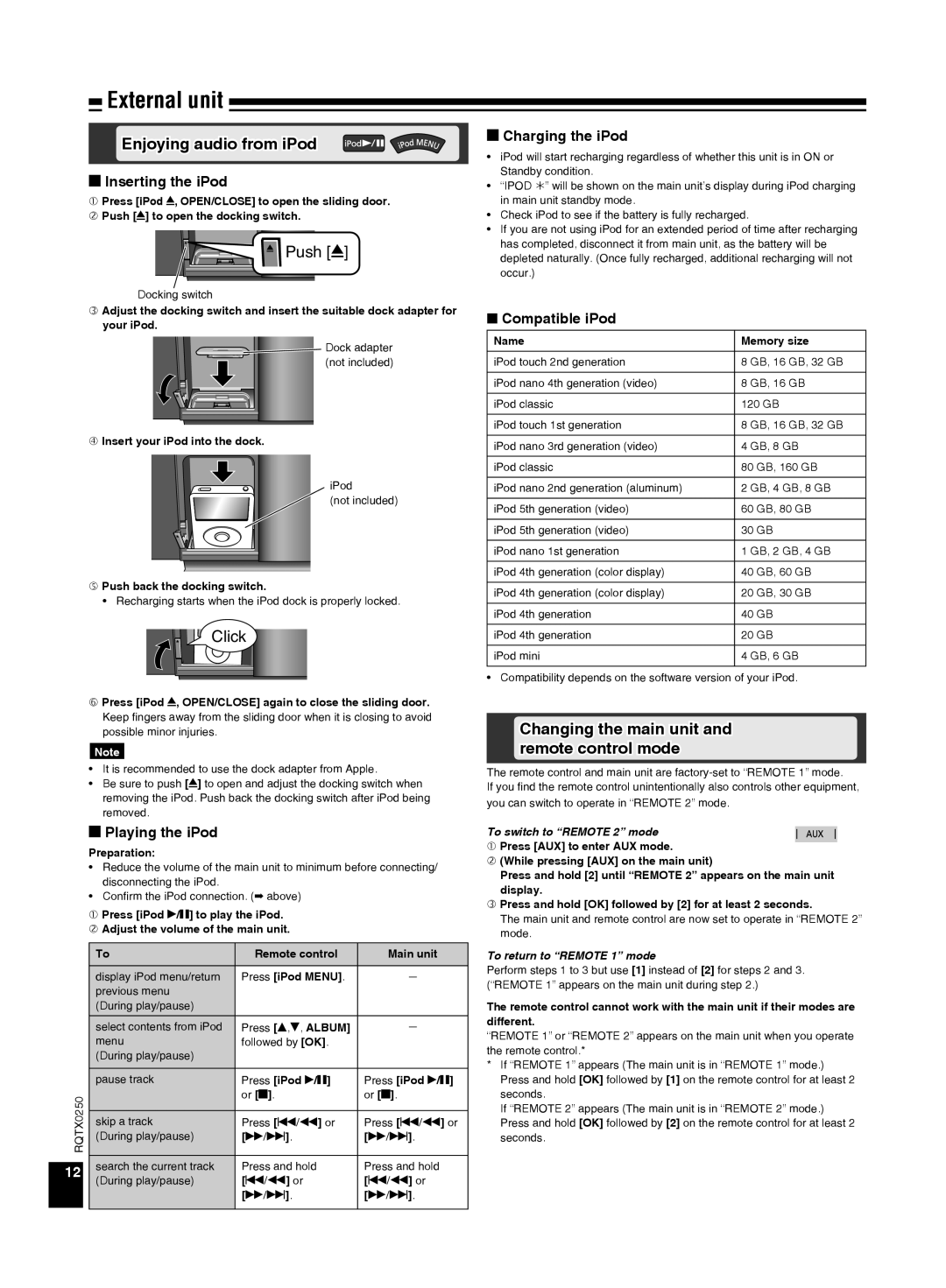 Panasonic SC-HC3 External unit, Enjoyingaudio from iPod, Push, Click, Changing the main unit and remote control mode 