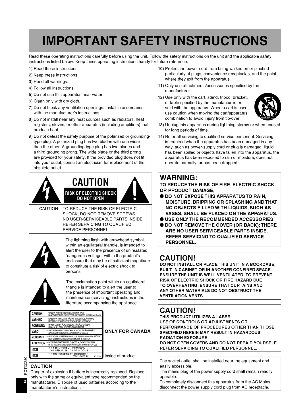 Panasonic SC-HC3 operating instructions Risk Of Electric Shock Do Not Open, Important Safety Instructions 
