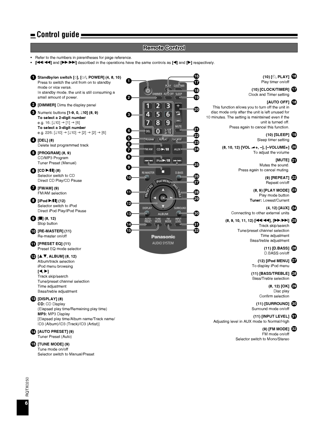 Panasonic SC-HC3 operating instructions Control guide, Remote Control 