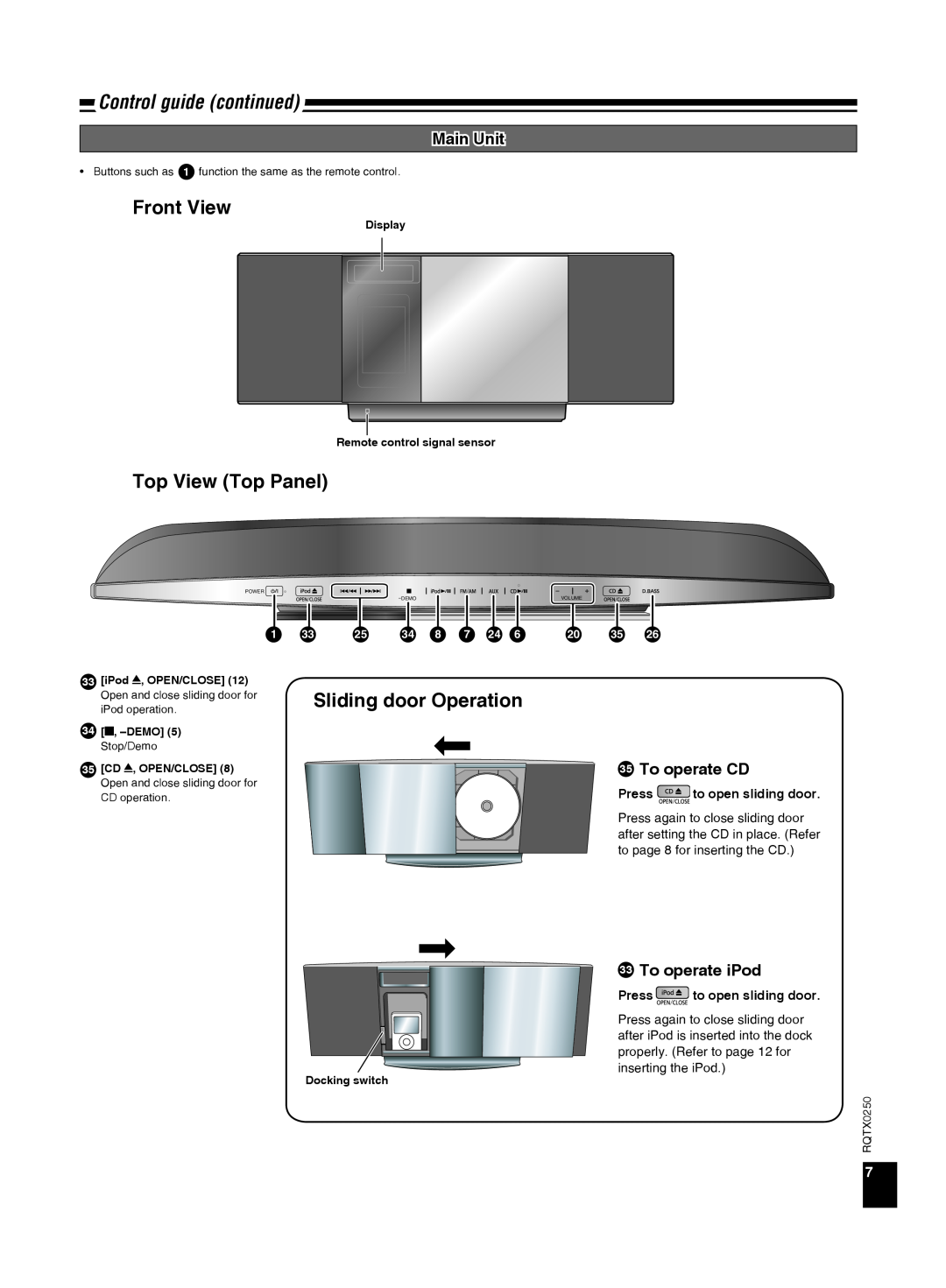Panasonic SC-HC3 Control guide continued, Front View, Top View Top Panel, Sliding door Operation, Main Unit, To operate CD 