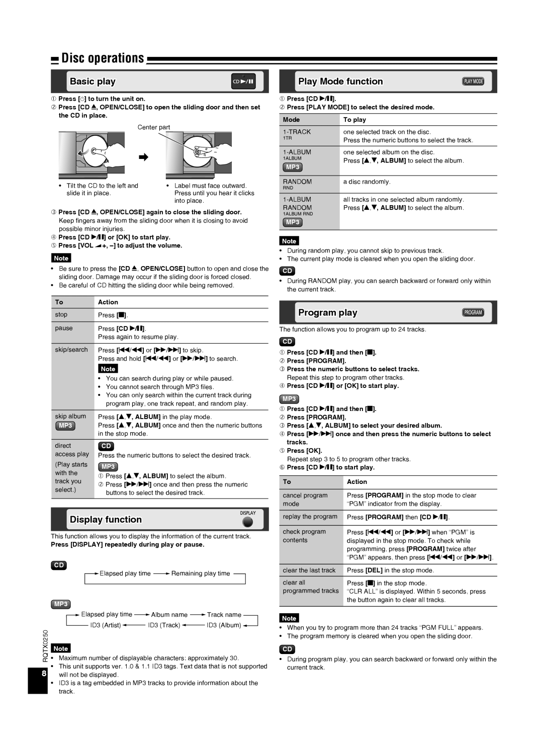 Panasonic SC-HC3 operating instructions Disc operations, Basic play, Play Mode function, Display function, Program play 