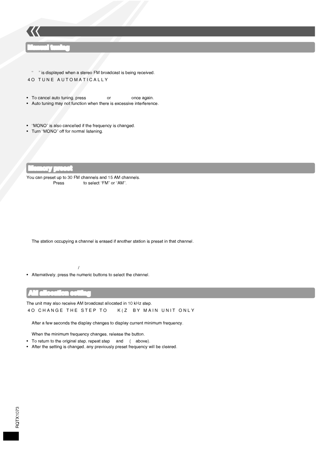 Panasonic SC-HC30 manual Radio operations, Manual tuning, Memory preset, AM allocation setting 