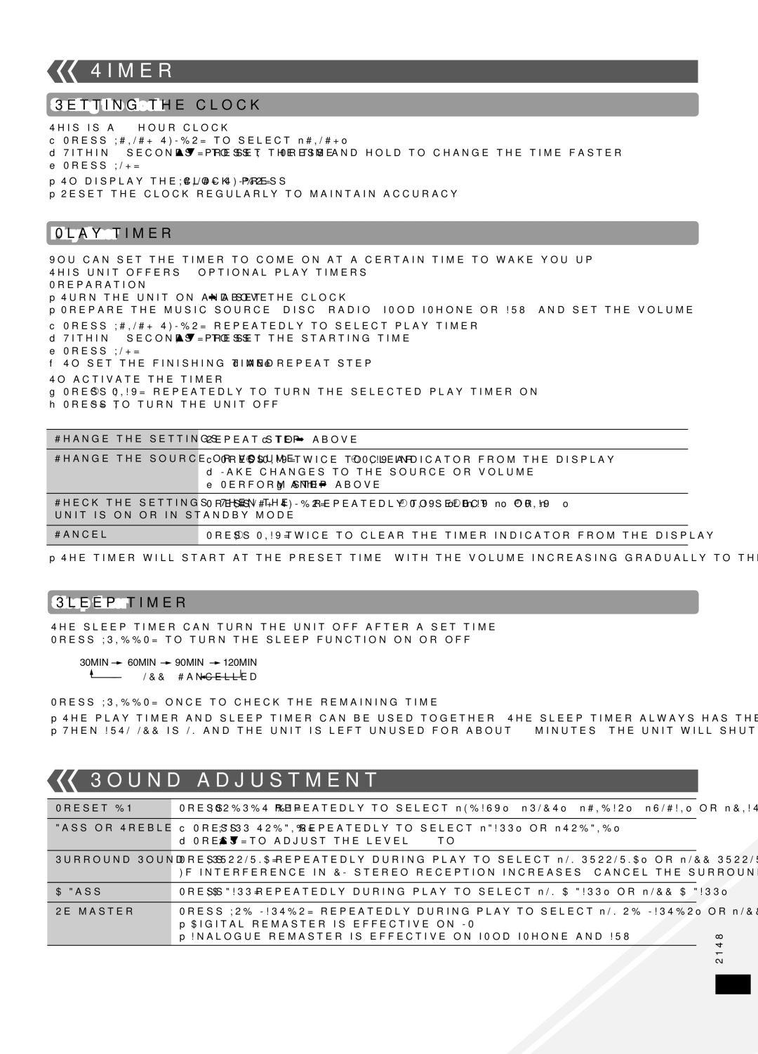 Panasonic SC-HC30 manual Timer, Sound adjustment, Setting the clock, Play timer, Sleep timer 