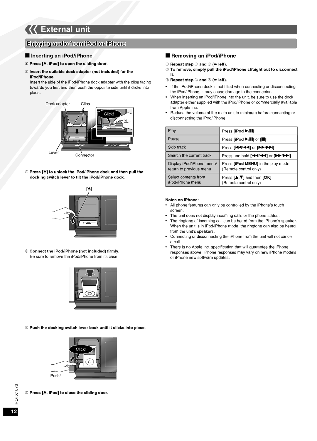 Panasonic SC-HC30 External unit, Enjoying audio from iPod or iPhone, Inserting an iPod/iPhone, Removing an iPod/iPhone 