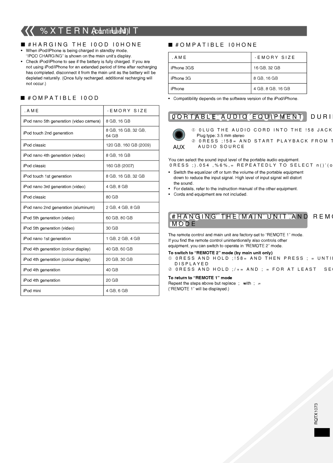 Panasonic SC-HC30 manual Portable audio equipment during AUX mode, Changing the main unit and remote control mode 