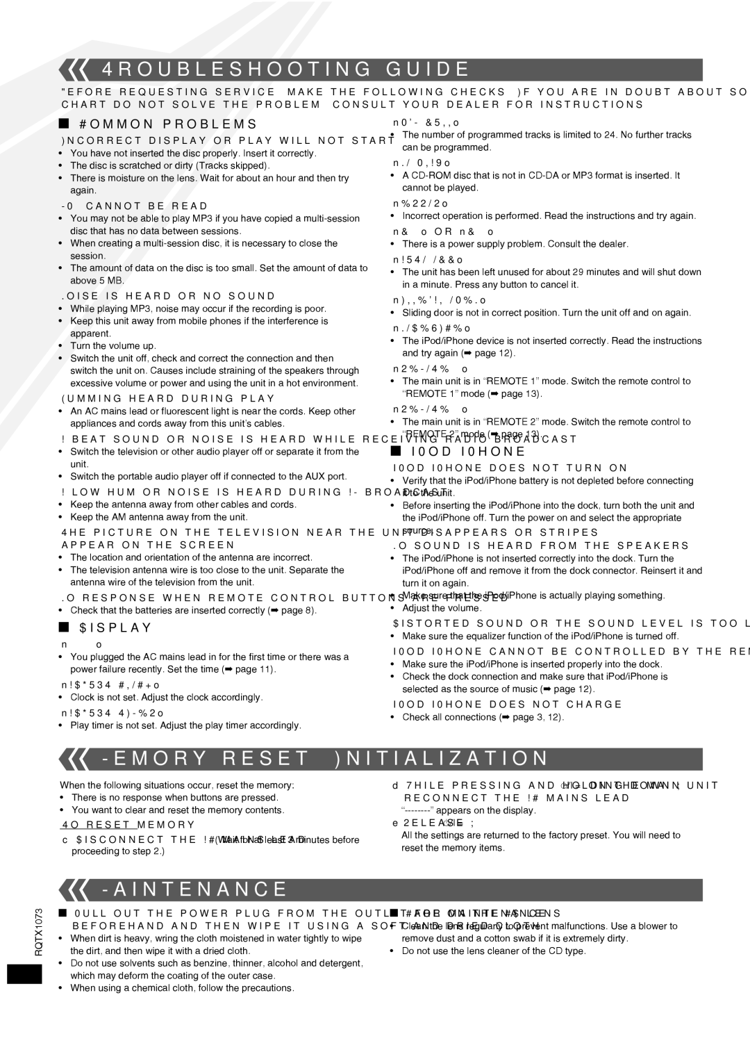 Panasonic SC-HC30 manual Troubleshooting guide, Memory reset Initialization, Maintenance 