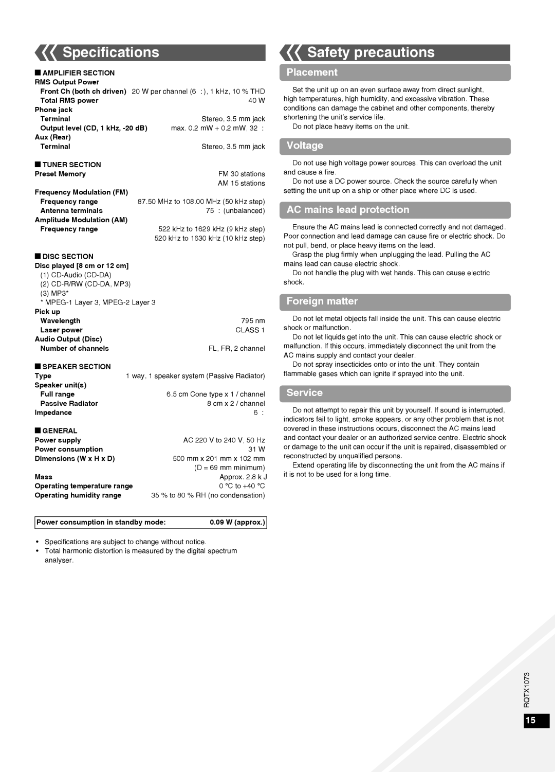 Panasonic SC-HC30 manual Speciﬁcations, Safety precautions 