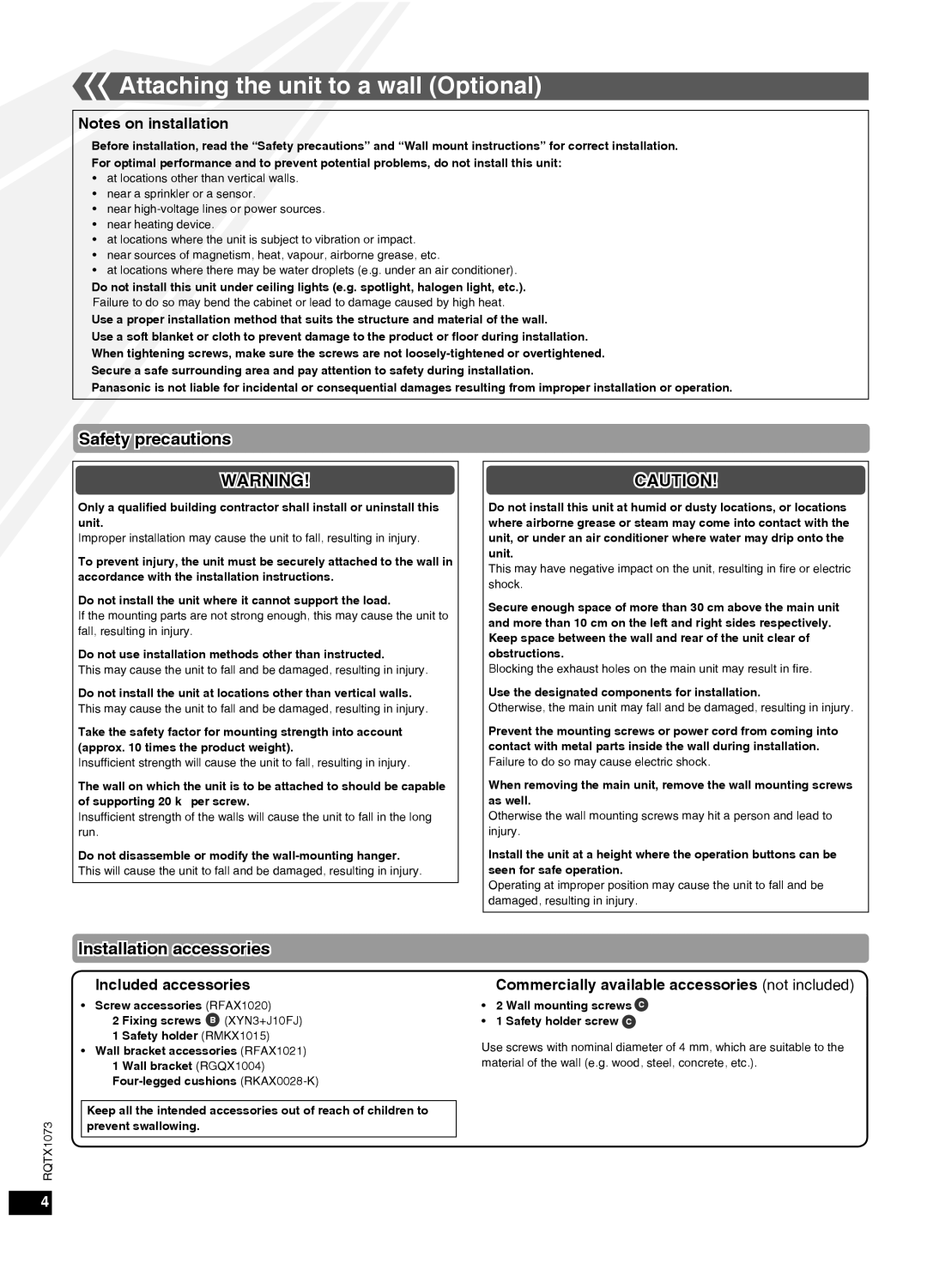 Panasonic SC-HC30 manual Attaching the unit to a wall Optional, Safety precautions, Installation accessories 