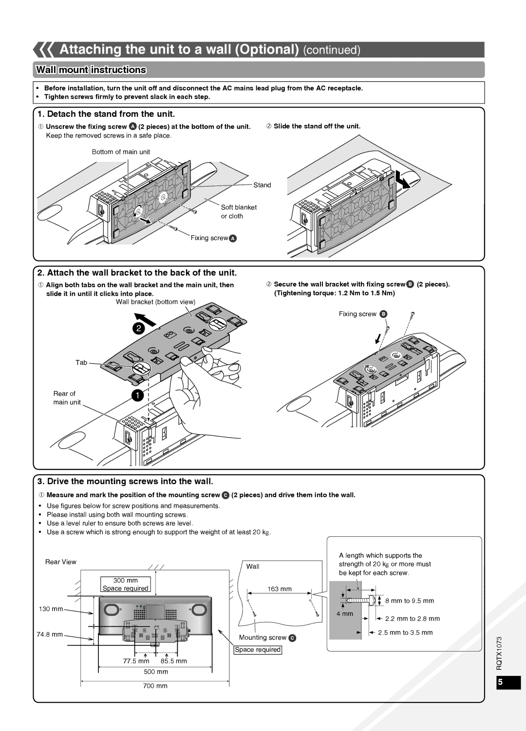 Panasonic SC-HC30 Wall mount instructions, Detach the stand from the unit, Attach the wall bracket to the back of the unit 