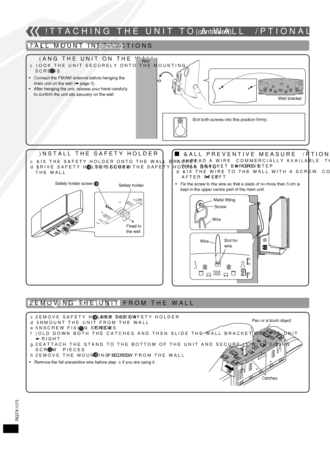 Panasonic SC-HC30 manual Removing the unit from the wall, Hang the unit on the wall, Install the safety holder 