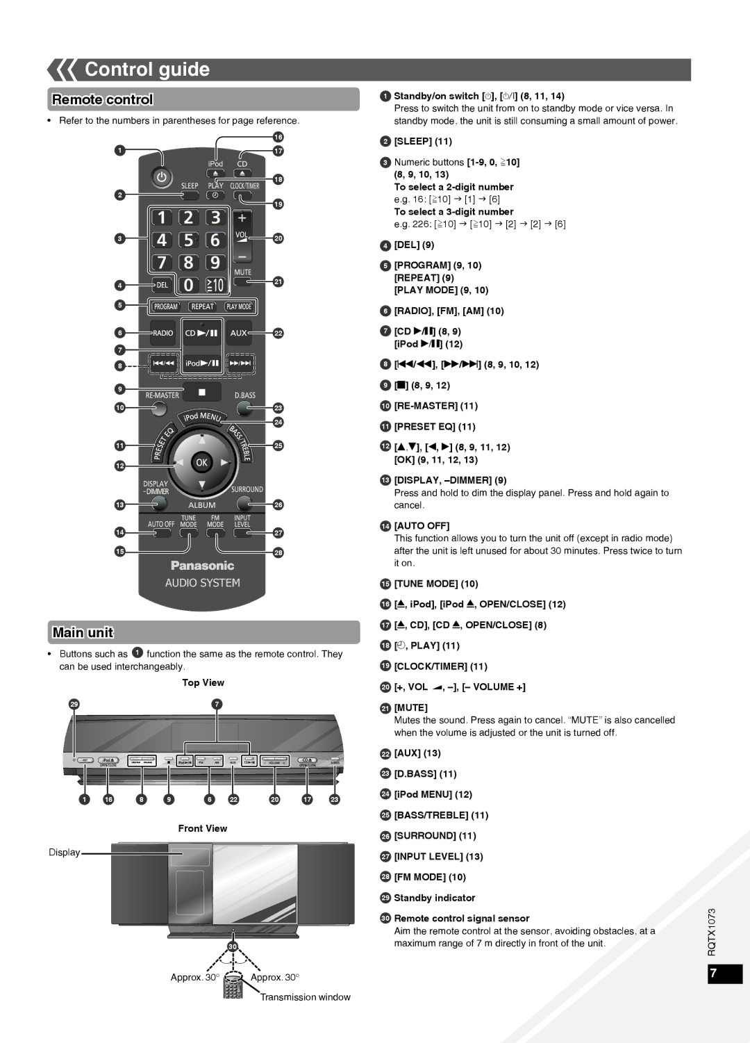 Panasonic SC-HC30 manual Control guide, Remote control, Main unit 