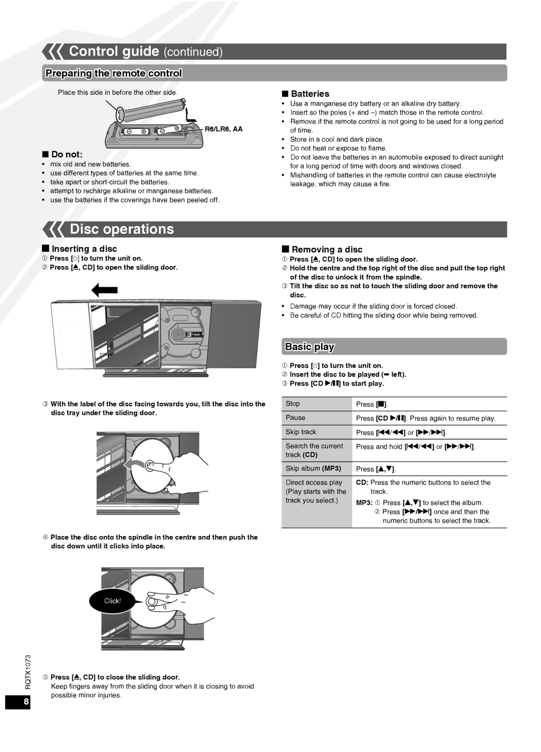 Panasonic SC-HC30 manual Disc operations, Preparing the remote control, Basic play 