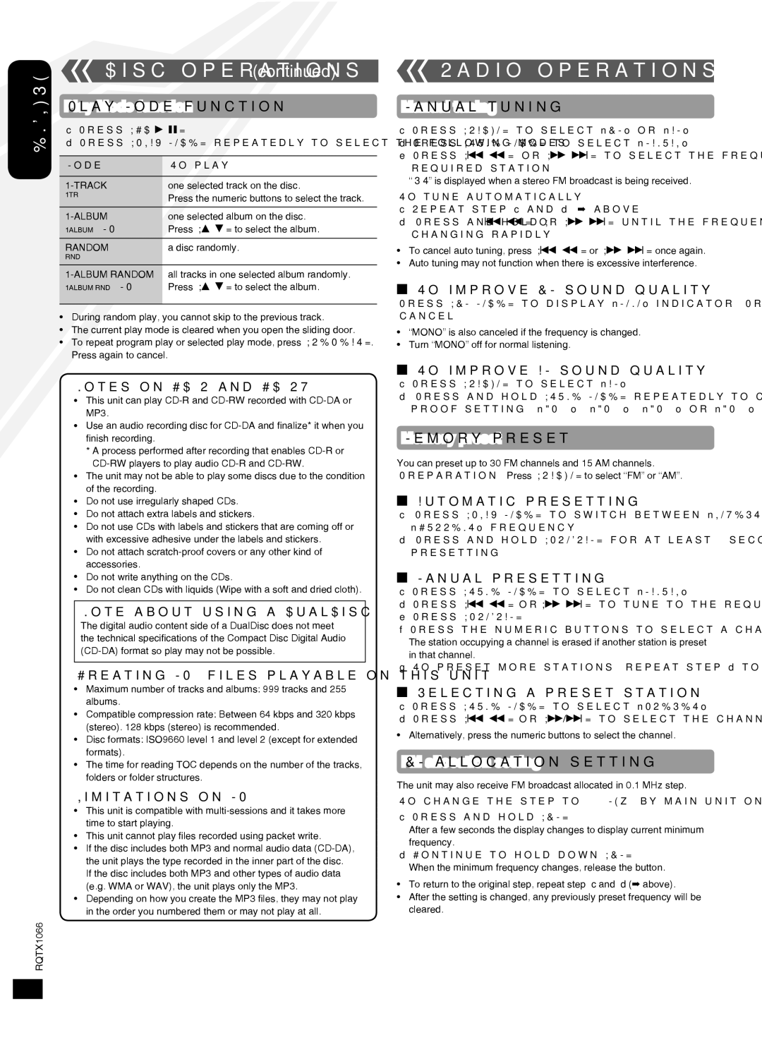 Panasonic SC-HC30 Radio operations, Play Mode function, Manual tuning, Memory preset, FM allocation setting 