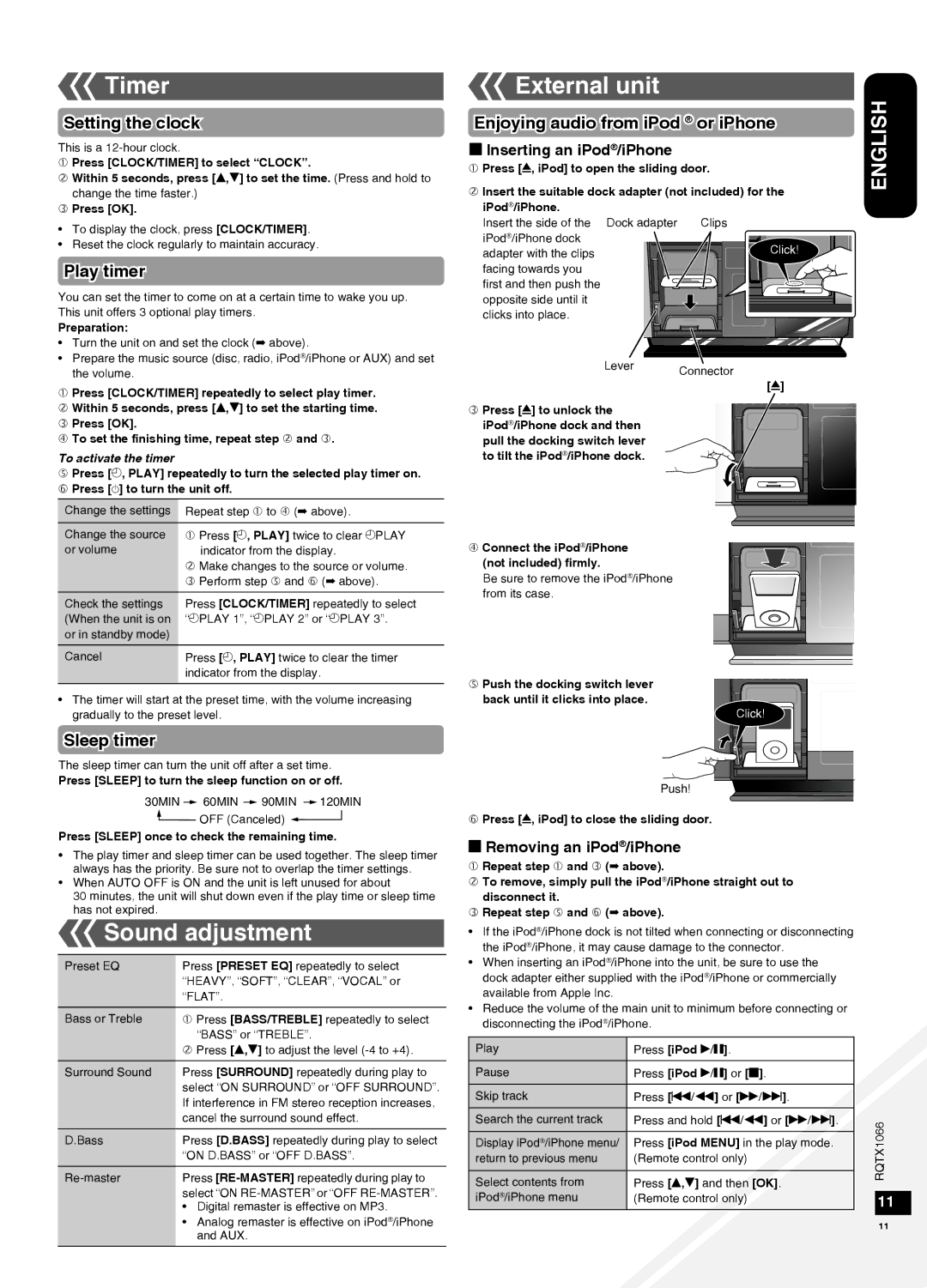 Panasonic SC-HC30 operating instructions Timer, Sound adjustment, External unit 