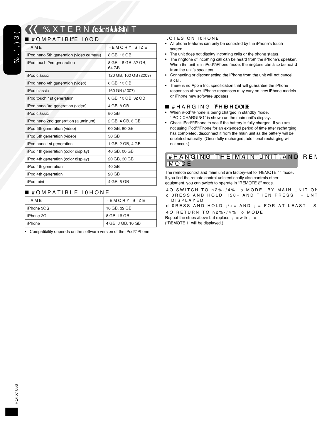 Panasonic SC-HC30 Compatible iPod, Compatible iPhone, Charging the iPod/iPhone, To return to Remote 1 mode 