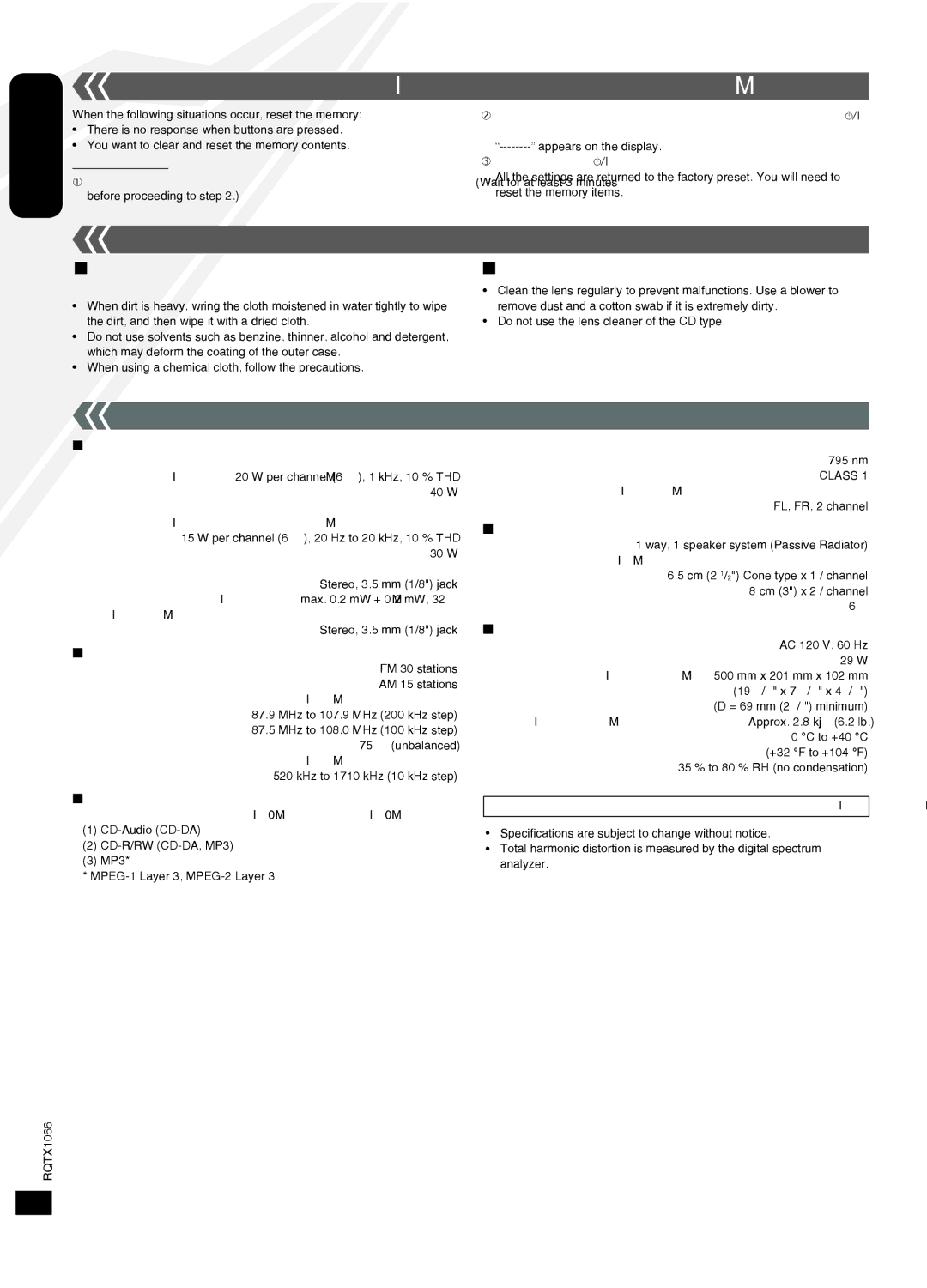 Panasonic SC-HC30 operating instructions Memory reset Initialization, Maintenance, Speciﬁcations 