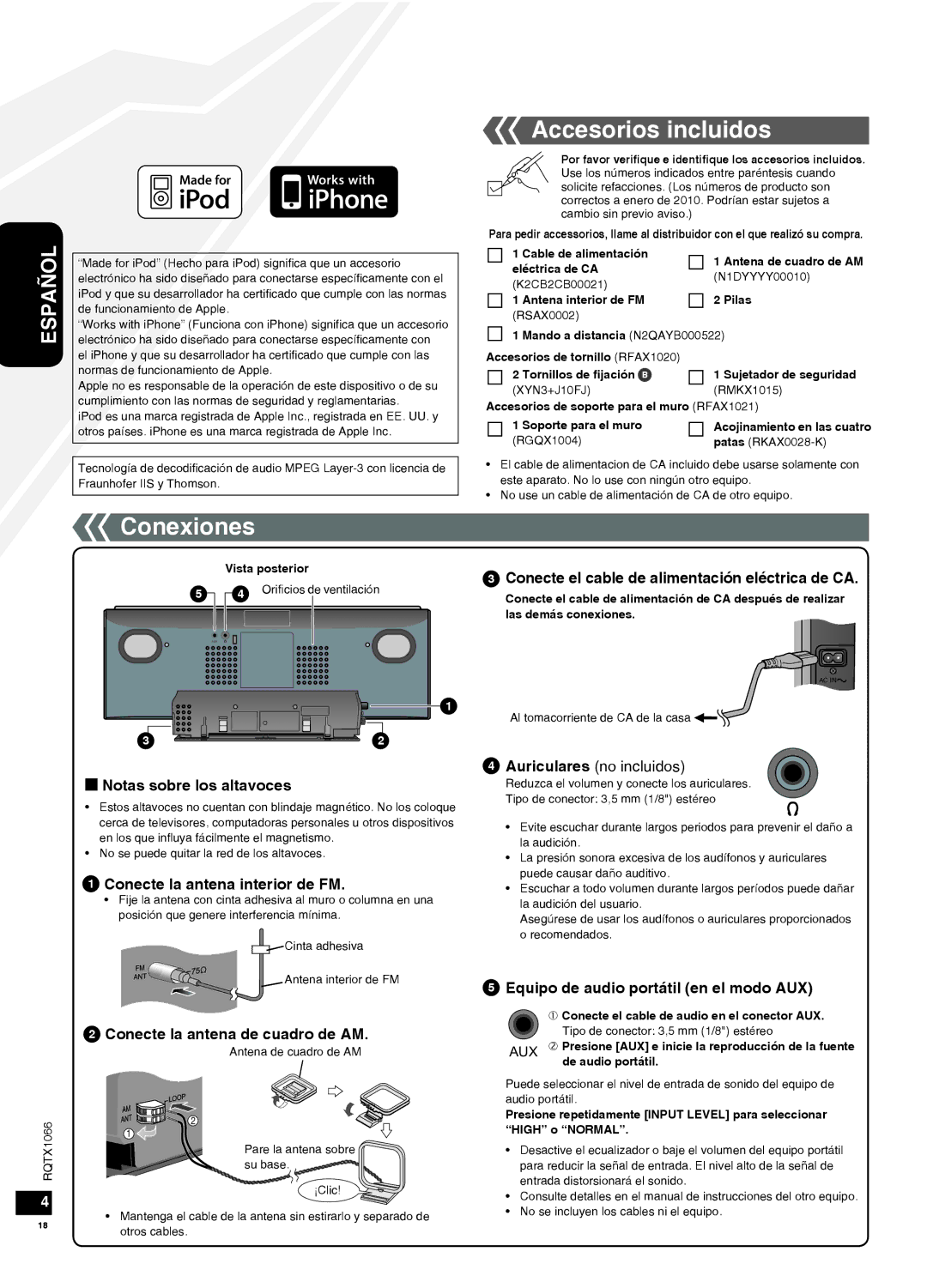 Panasonic SC-HC30 operating instructions Conexiones, Accesorios incluidos 