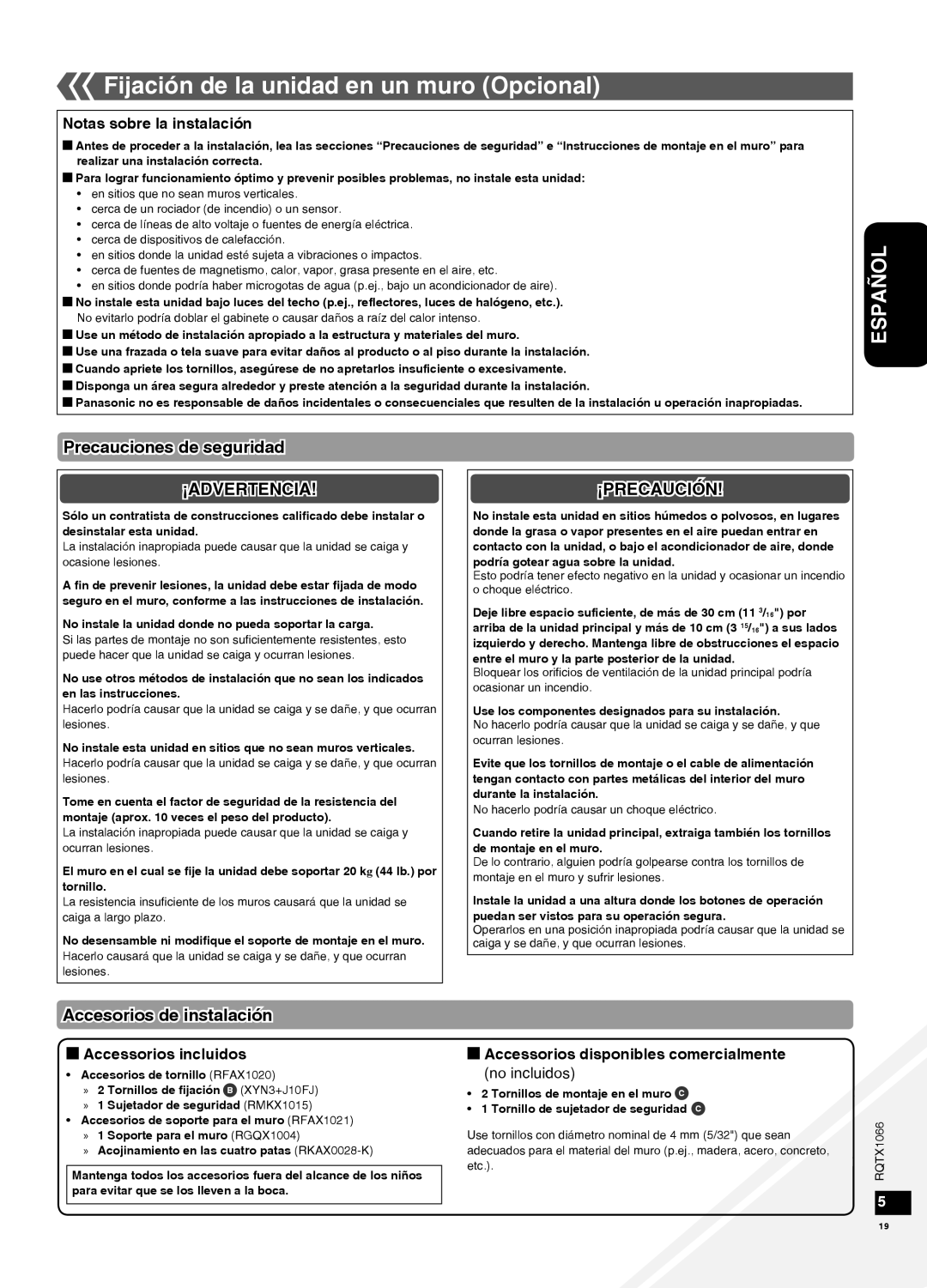 Panasonic SC-HC30 Fijación de la unidad en un muro Opcional, Precauciones de seguridad, Accesorios de instalación 