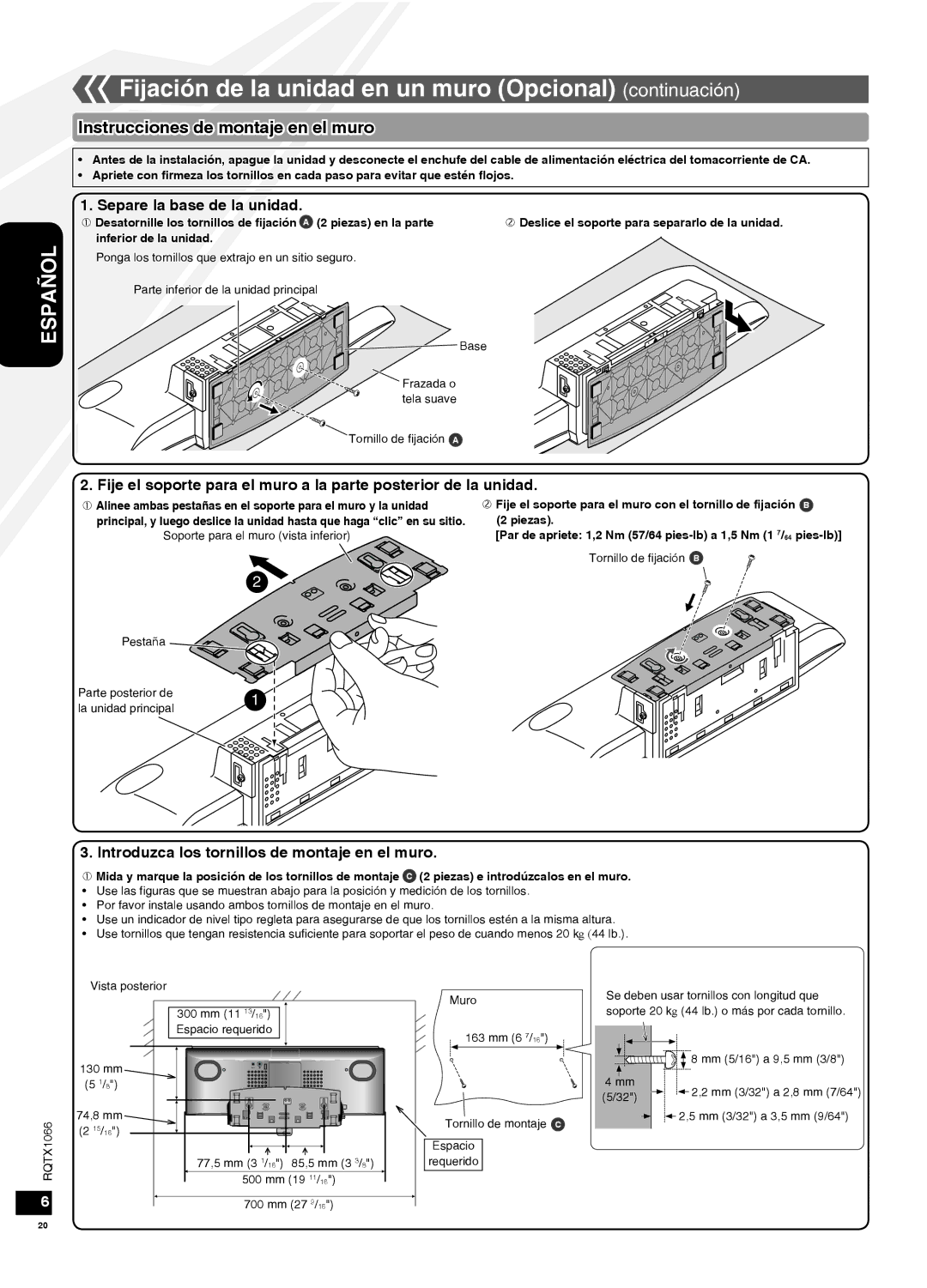 Panasonic SC-HC30 Fijación de la unidad en un muro Opcional continuación, Instrucciones de montaje en el muro 