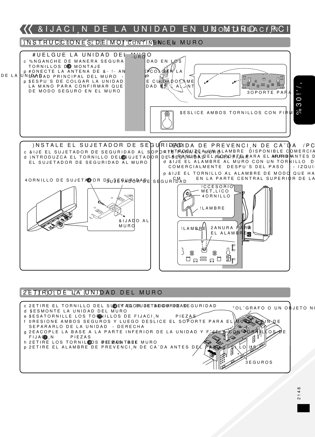 Panasonic SC-HC30 operating instructions Instrucciones de montaje en el muro continuación, Retiro de la unidad del muro 