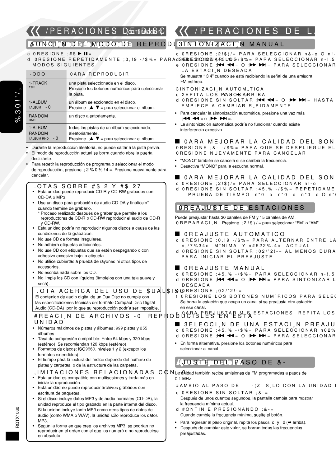 Panasonic SC-HC30 Operaciones de la radio, Función del modo de reproducción, Sintonización manual, Preajuste de estaciones 