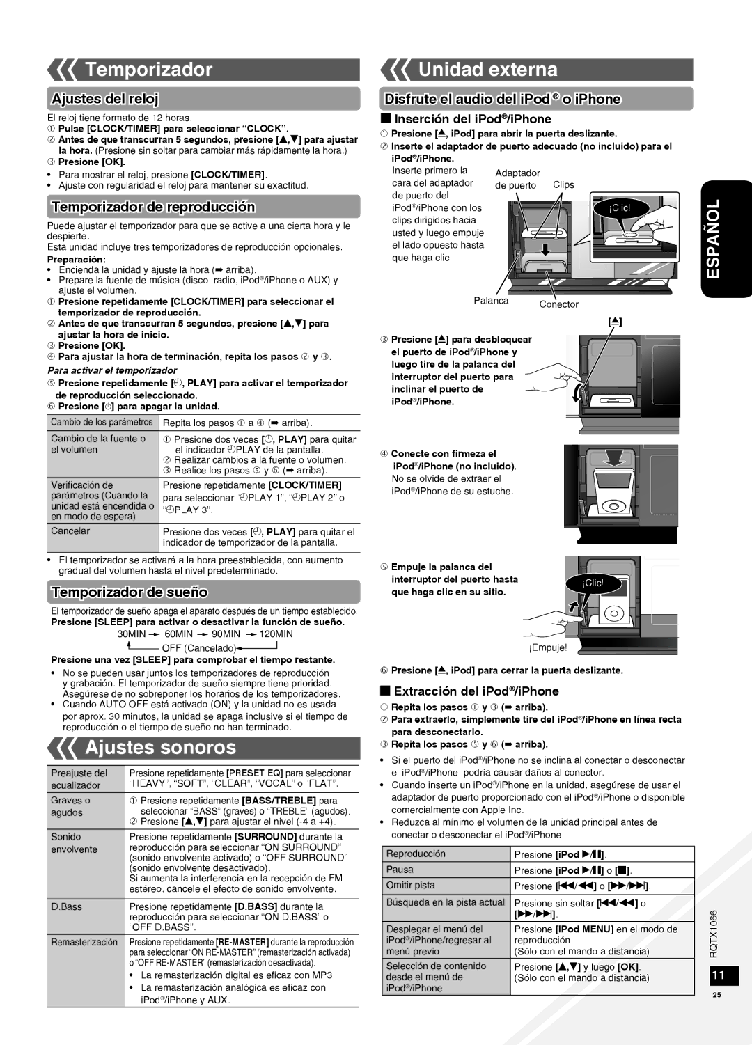 Panasonic SC-HC30 operating instructions Temporizador, Ajustes sonoros, Unidad externa 