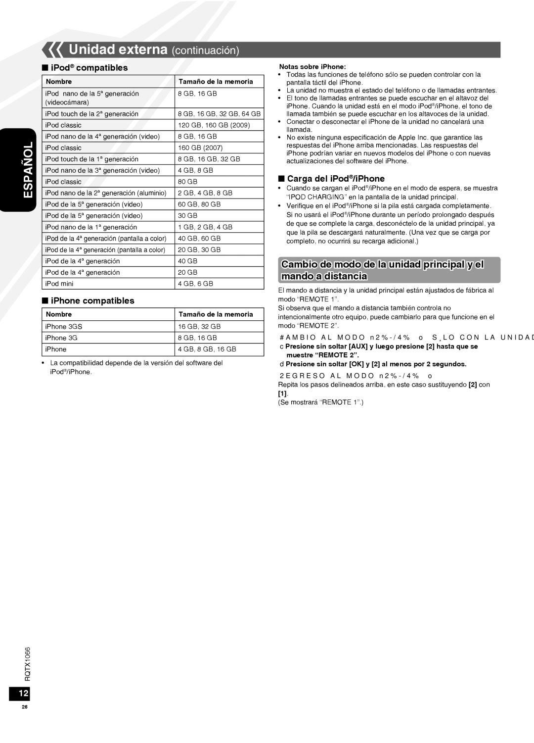 Panasonic SC-HC30 Unidad externa continuación, IPod compatibles, IPhone compatibles, Carga del iPod/iPhone 