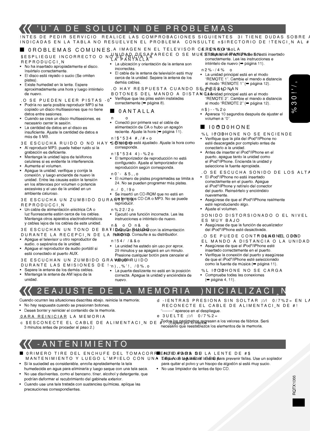 Panasonic SC-HC30 Guía de solución de problemas, Reajuste de la memoria Inicialización, Mantenimiento, Problemas comunes 