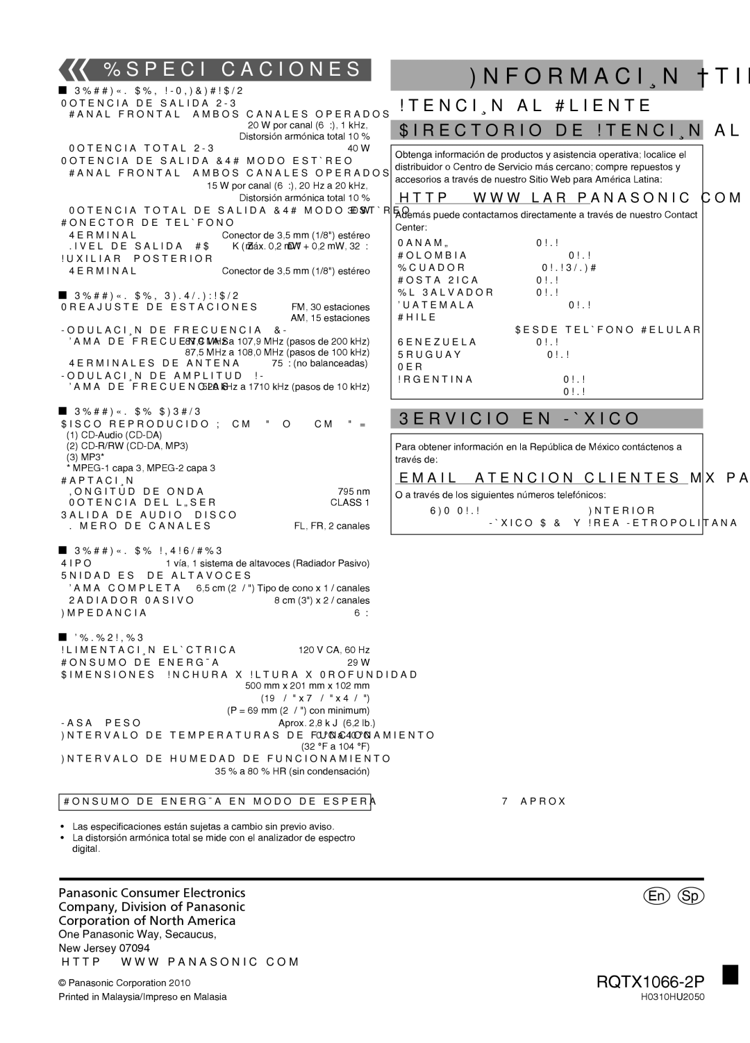 Panasonic SC-HC30 operating instructions Especiﬁcaciones 